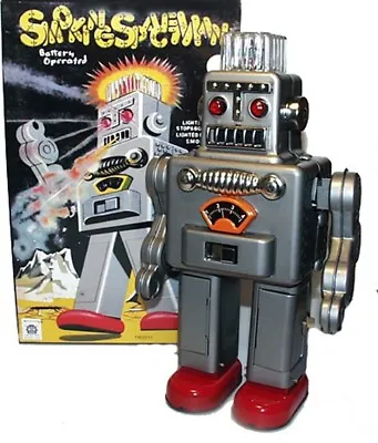 Smoking Spaceman Silver Tin Toy Battery Operated Production NEW Factory Direct • $63.75