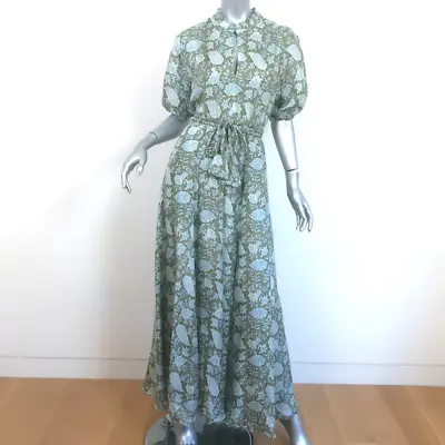 Hannah Artwear Oceanus Belted Maxi Dress Green Leaf Print Silk Size 0 • $275