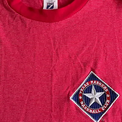 Vintage MLB Texas Rangers Baseball Club Men's L Logo 7 Shirt Stripe Red Patch • $14.78