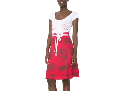 DESIGUAL Sz XL Red White Floral Short Sleeve Knee Length Dress NEW • $67.50