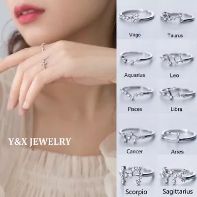 Zircon Silver Plated 12 Constellations Zodiac Sign Open Rings Women Adjustable • £2.75