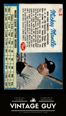 1962 Post Cereal #5 Mickey Mantle Vintage New York Yankees Baseball Card • $50