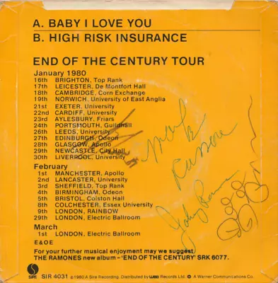 Ramones Baby I Love You 1980 Single SIGNED AUTOGRAPH By All Band Members Inc COA • £479.95