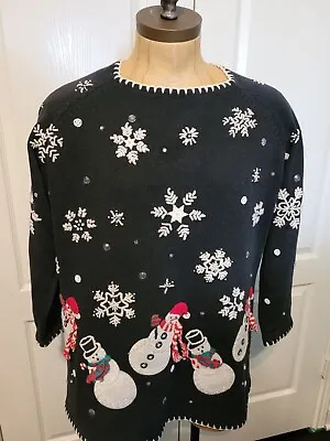 Vintage 1995 Michael Simon Christmas Sweater Womens M Black Snowmen BLING • $47.66