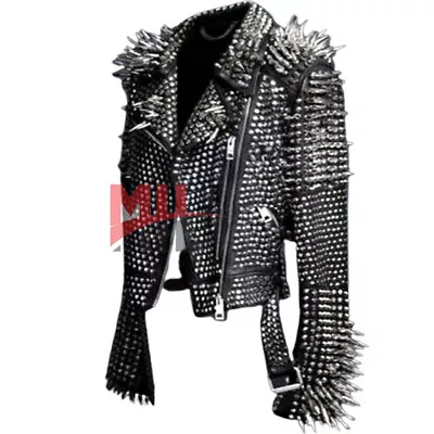 $301.87 • Buy New Men's Black Cowhide Leather Jacket, Silver Studded Long Spiked Studs Jacket