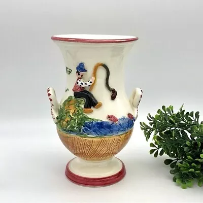 Vtg Italian Vase Majolica Relief Man Fishing Lake Handles Pedestal Urn Italy MCM • $75.65