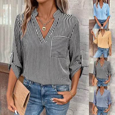 Women's V-Neck Striped T-Shirt Casual Blouse 3/4 Sleeve Summer Tunic Tops US • $17.69