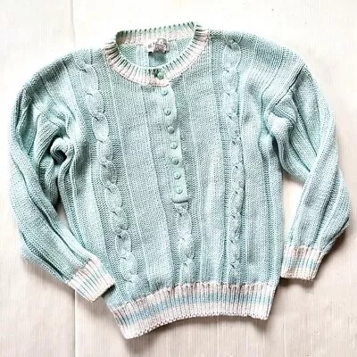 VINTAGE St Malo Chunky Cable Knit Button Front Henley Crewneck Varsity Sweater • $29.99