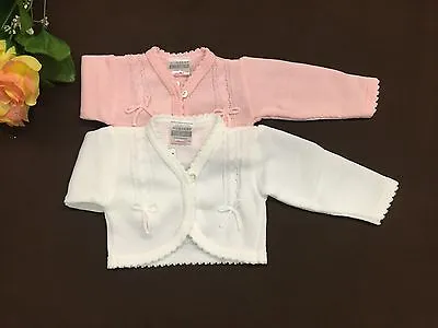 Newborn-24 Month White/Pink Baby Girl Bolero Cardigan Bow Knitted Jacket Shrug   • £10.99