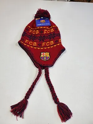 NWT FC Barcelona Peruvian Dog Ears Beanie Hat Tassle Patch Soccer Football Logo  • $7.49