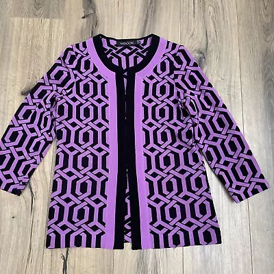 Misook Size XS Purple Black Geometric Open Front Hook Closure Cardigan Jacket • $38