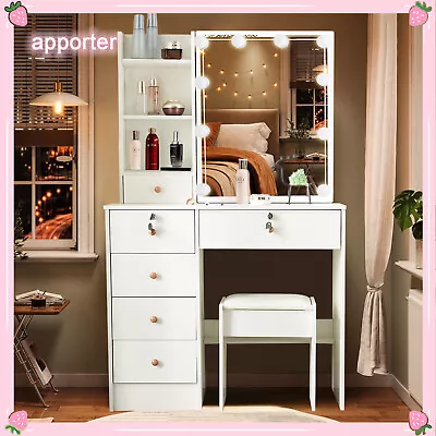 Dressing Table LED Makeup Desk 6 Drawers With Lighted Sliding Mirror Stool UK • £142.77