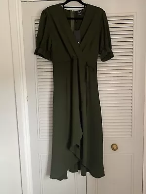 Ax Paris Khaki Short Sleeve Dress Size 14 Bnwt Waterfall Hem • £20