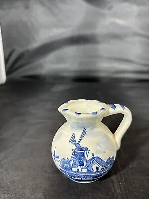 Vintage Ceramic Pitcher Blue White Hand Painted Windmill Japan • $5.88