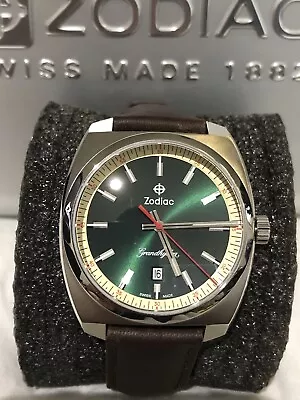 Zodiac Grandhydra Swiss Quartz Green Dial Brown Leather Strap 43mm Watch ZO9956 • $240