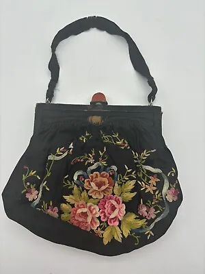 Vintage Needlepoint Handbag Floral Motif Tapestry Purse Hand Embroidery • $35