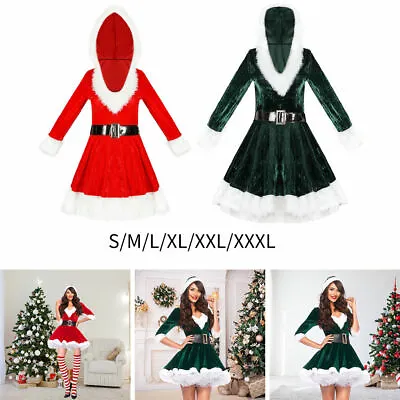 Miss Santa Suit Outfits With Belt Hooded Dress Hoodie For Xmas Party • £15.78