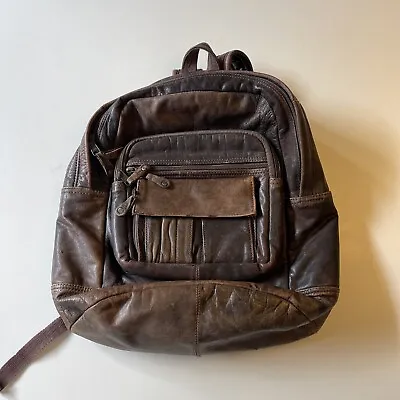 Vintage Brown Leather Backpack Bag Leather Strap Zipper Pockets Distressed • $60