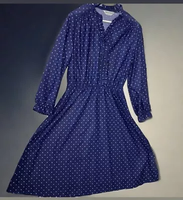 VTG Anthony Richards L Navy Polka Dot Maxi Dress 60s-70s Mad Men Academia • $24.95