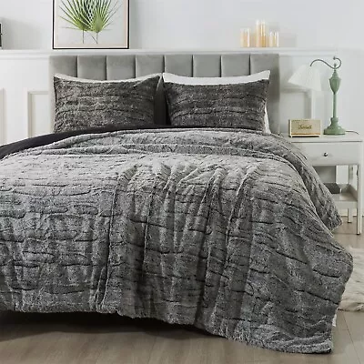 Wajade Faux Fur Comforter Set Queen Size 3 Pieces Ultra Soft Marbled Black W... • £121.41