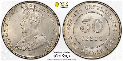 Straits Settlements 1921 George V 50 Cents. PCGS MS 65. 2579413 Mintage. • $299
