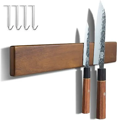 16'' Magnetic Knife Strip Acacia Wood Holder Rack Magnet Bar With 4 Hooks [AAAA] • $22.99