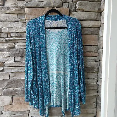 Logo Lori Goldstein Womens Blue Teal Floral Open Front Long Sleeve Cardigan M • $19.95