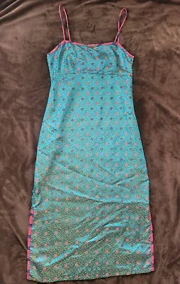 Vintage 1990s Blue Gold Floral Sundress Indie Dress Retro Hippy Silky India • $38