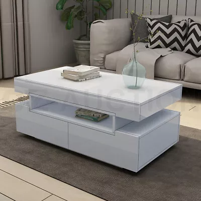 New Modern White Coffee Table 4-Drawer Storage Shelf High Gloss Wood Furniture • $189.95