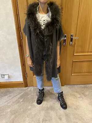 £99.99 • Buy Dom Goor Grey Fur Trim Hooded Cashmere Cape Coat/NWOT