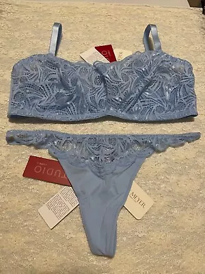 La Perla Studio Simona 34D M Strapless Bra Thong Set Soft Blue Lace • $139.99