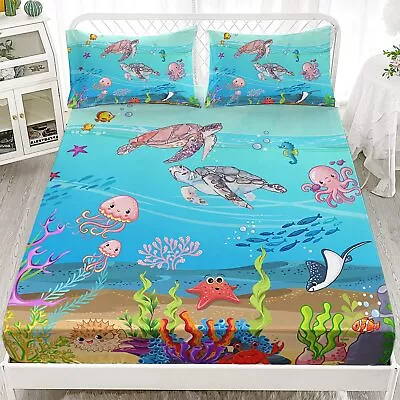 Sea Turtle Fitted Sheet Tropical Fish Marine Life Bed Set Reptile Sea Animals... • $45.57