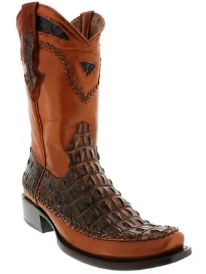 Mens Cowboy Boots Square Cognac Western Alligator Pattern Zipper Rocker Leather • $149.99