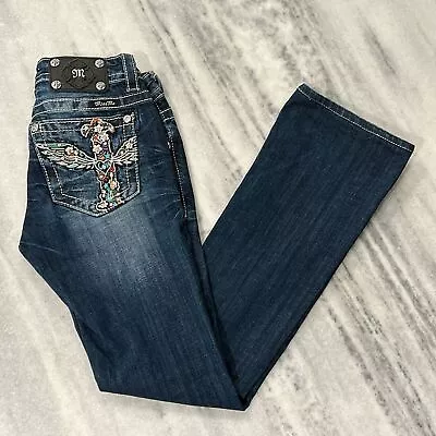 Miss Me Signature Bootcut Jeans Sz 27 Floral Winged Cross Style #JP5998B • $34.99