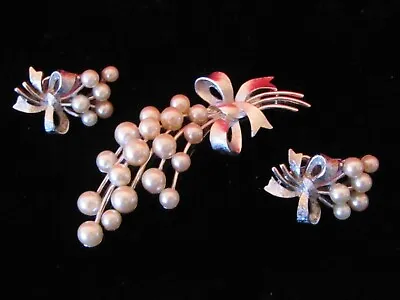 Vintage Trifari Silver Tone & Faux Pearl Bouquet Bow Pin & Earrings Set Signed • $64.99