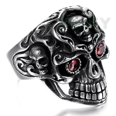 Men's Casting Stainelss Steel Ring Skull Ruby Red Garnet CZ Stone Eyes Punk Rock • $11.83
