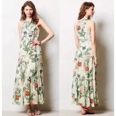 Anthropologie Maeve Tiered Maravilla Maxi Dress In Green Motif Size 8 • $60