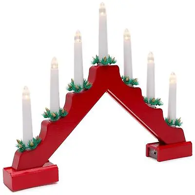 Red Wooden Candle Bridge 7 LED Christmas Lights Window Arch Table Decoration • £9.99