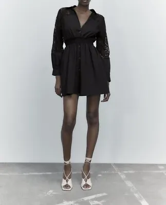 £25.99 • Buy Zara Black Contrasting Shirt Dress Lace Details Size M BNWT Bloggers Favourite