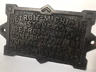 VTG Detroit Michigan Wood Stove 1942  Contract Iron Specifications Plaque RARE • $185