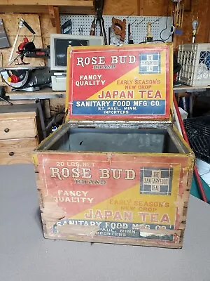 Antique Wooden Rose Bud Japan Tea Shipping Crate Box Vintage Tin / Metal Lined • $149.99