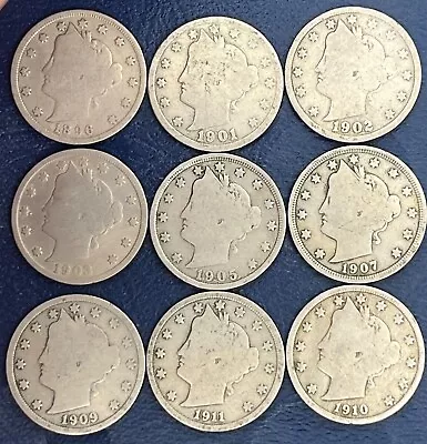 Liberty Head V Nickels Full Dates 9 Per Lot • $16.45