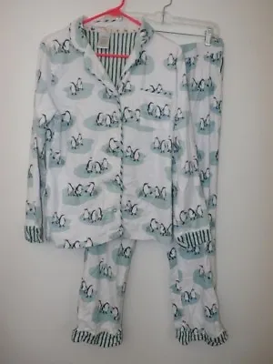 Munki Munki Flannel Pajamas PJ Set Women SZ SM 2PC Penguin Love Stripe Pockets • $35.99