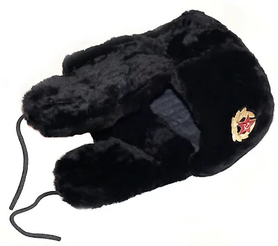 Black Mouton (sheepskin) Russian Winter Hat - Ushanka. Trapper Hunter EarFlaps! • $99.95