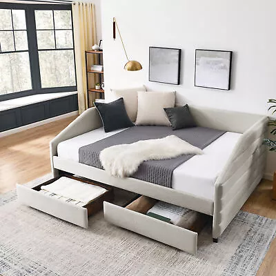 Queen Size Linen Fabric Daybed Frame W/ Two Drawers Space Saving Bed Sofa Beige • $583.99