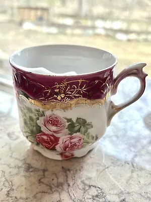 Gorgeous Victorian ￼Burgundy Gold Trim Roses Mustache Cup Mug • $14.99
