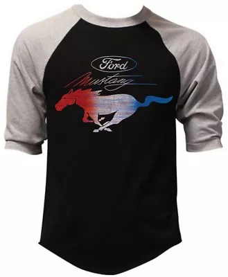 Men's Ford Mustang Red White & Blue Black Baseball Raglan T Shirt Classic Car GT • $17.99