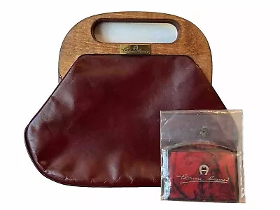 VTG 1970's ETIENNE AIGNER OXBLOOD LEATHER CLUTCH HANDBAG RED WOODEN HANDLE RETRO • $60