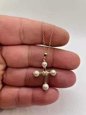 Cross Pendant Necklace White Pearls & Lab Created Diamonds • $31.03