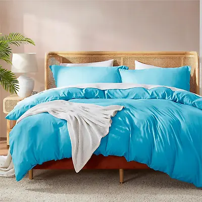 Queen Size Bright Blue Duvet Cover Set - Soft Double Brushed 3 Piece With Butto • £38.60